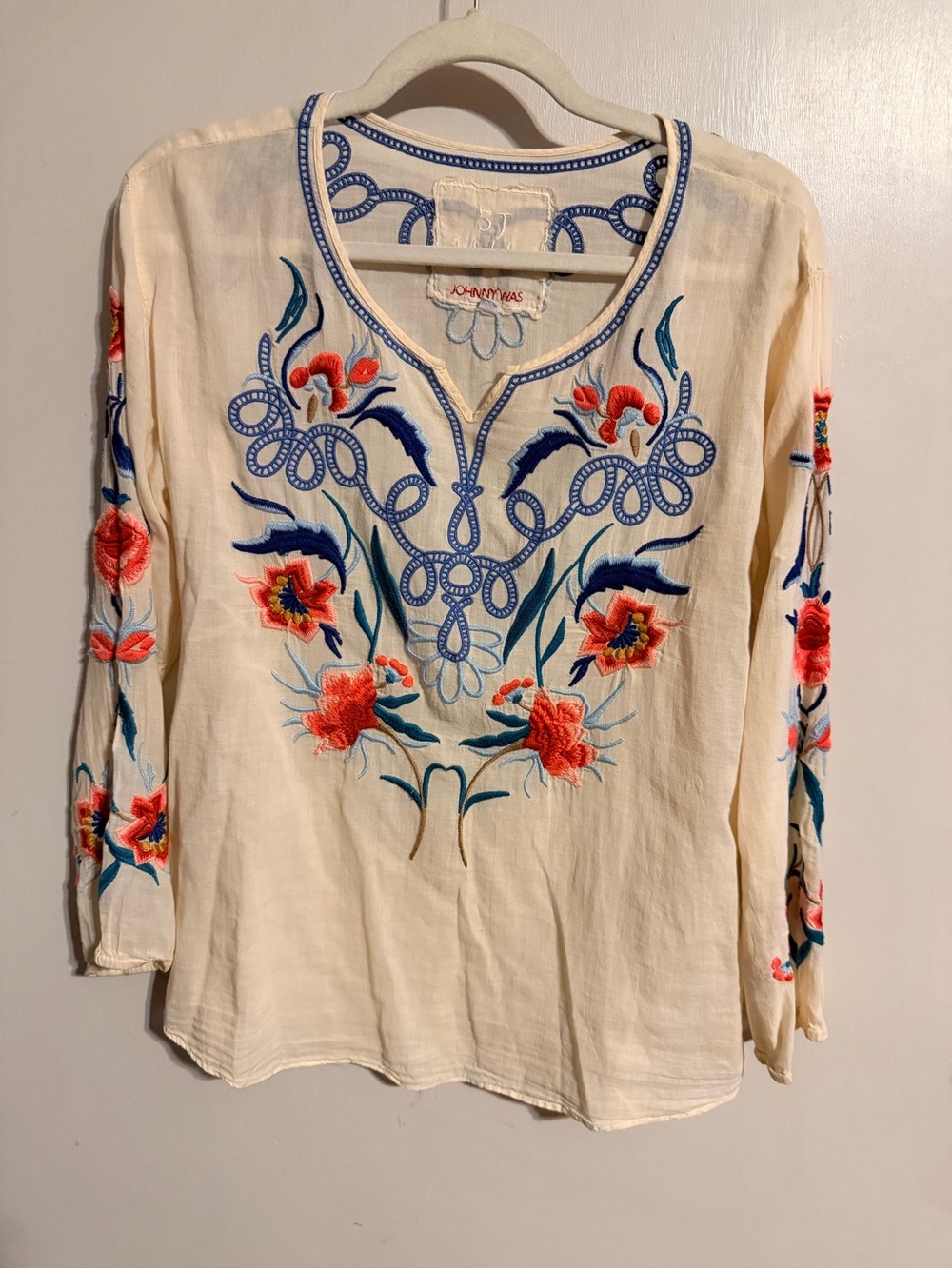 Johnny Was Embroidered Floral Boho Cotton Peasant Top Cream Small - Picture 3 of 11